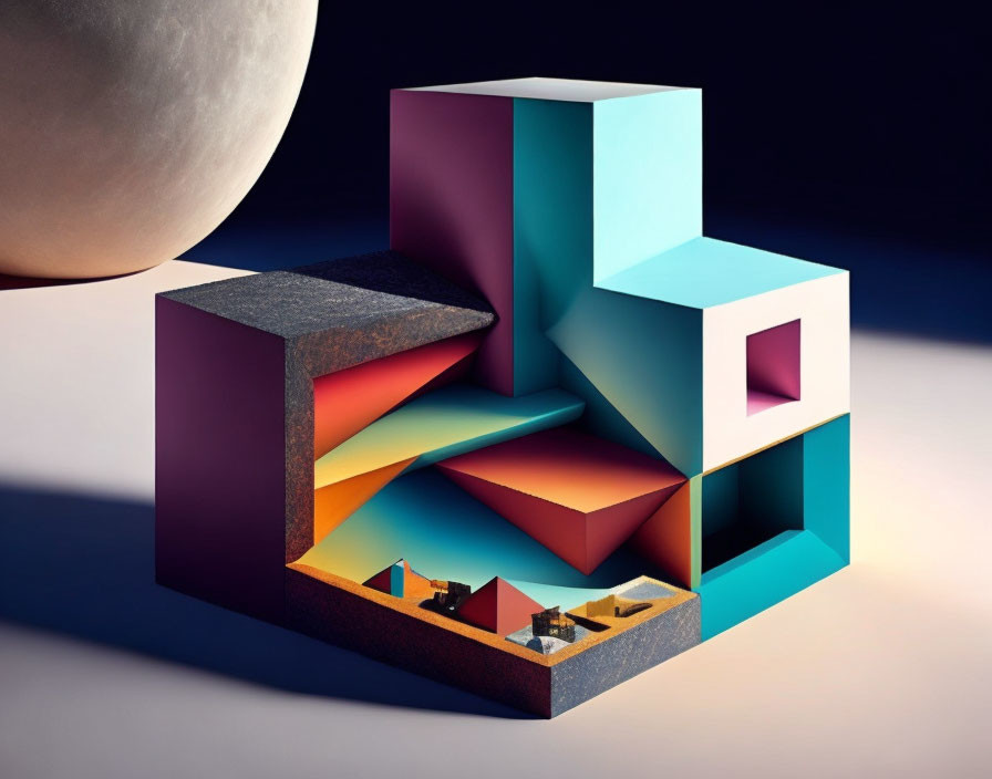 Colorful geometric structure with cut-out spaces and moon backdrop