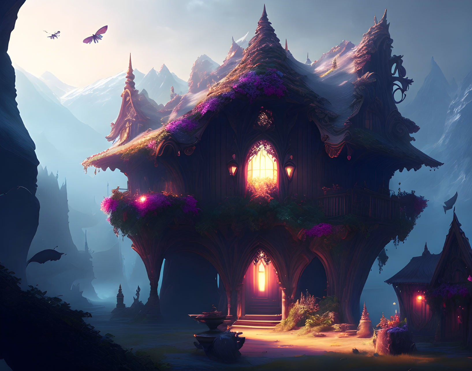 Mystical treehouse in mountain landscape with glowing windows at dusk