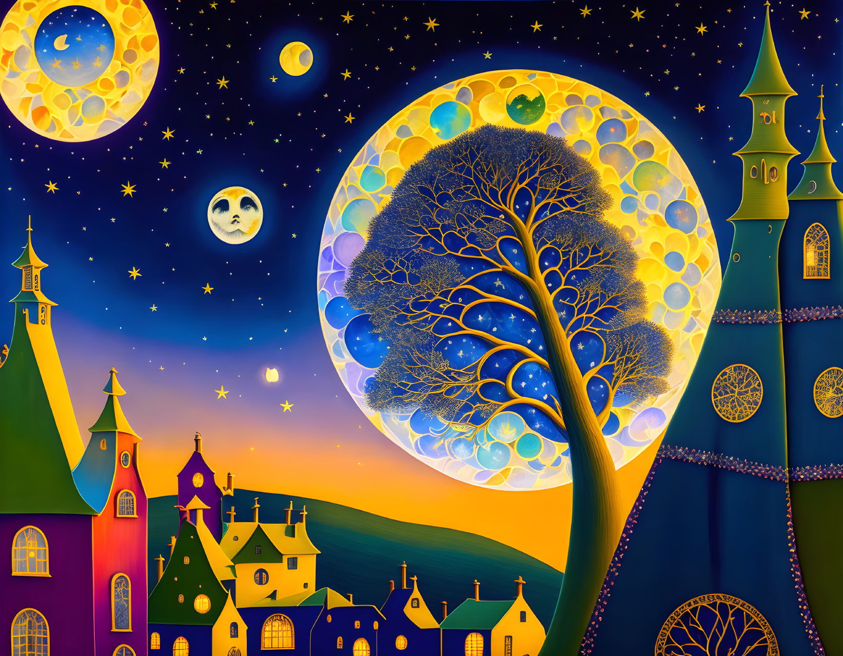 Moonlight patchwork in the style of Raymond Briggs