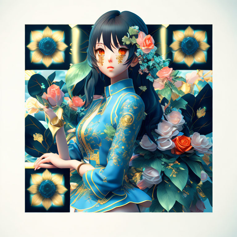 Digital illustration: Woman with black hair, amber eyes, floral hair accessories, traditional blue outfit with gold