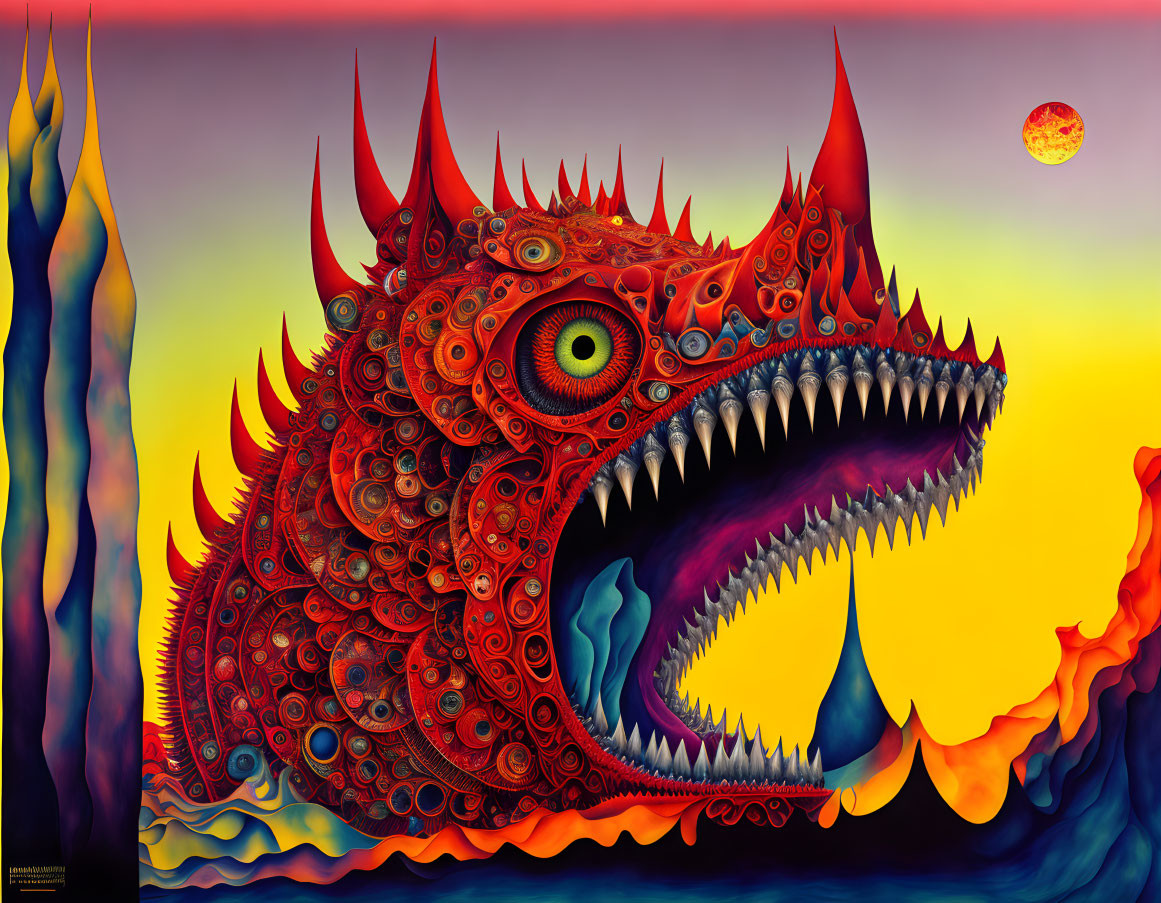 Colorful surreal painting: Red dragon with intricate designs and single eye, exhaling blue flames on gradient