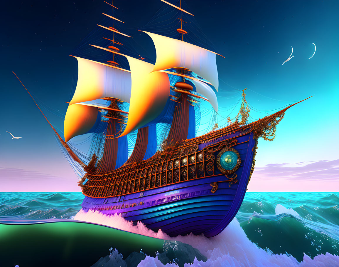 Vibrant blue sailing ship with glowing sails on turquoise waves under twilight sky