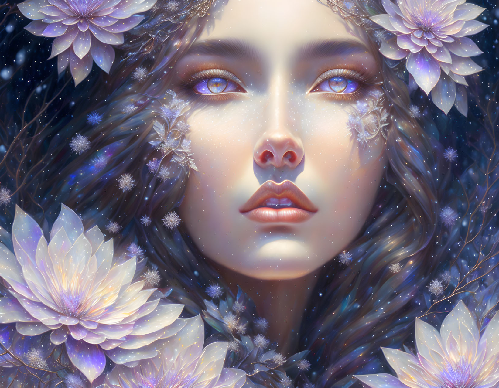 Ethereal woman's face with purple lotus flowers in cosmic setting