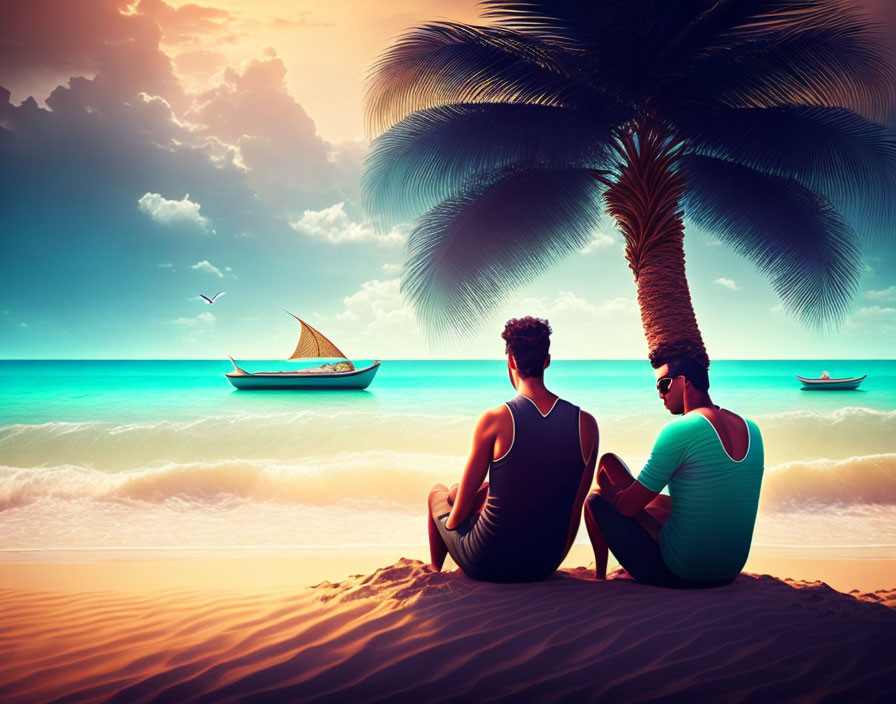 Beach sunset scene with two people, palm trees, sailboat, and birds.