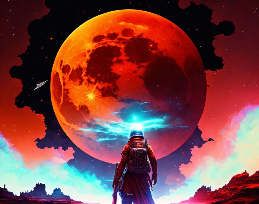 Astronaut on rocky alien planet with giant red moon and starry sky