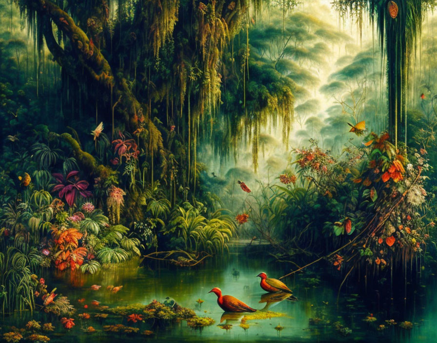 Lush Greenery and Birds in Mystical Forest Setting