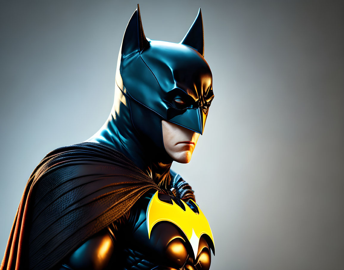 Detailed Batman figure with stern expression and iconic cowl, cape, and yellow emblem on chest.