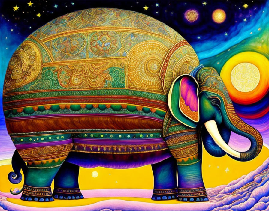 Colorful Elephant Painting with Cosmic Background