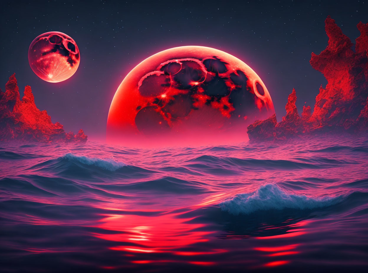 Surreal crimson ocean under dark sky with red moon and planet in view