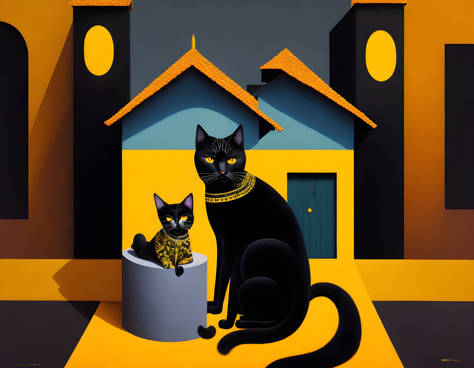 Stylized illustration of two black cats with yellow eyes in front of colorful geometric buildings