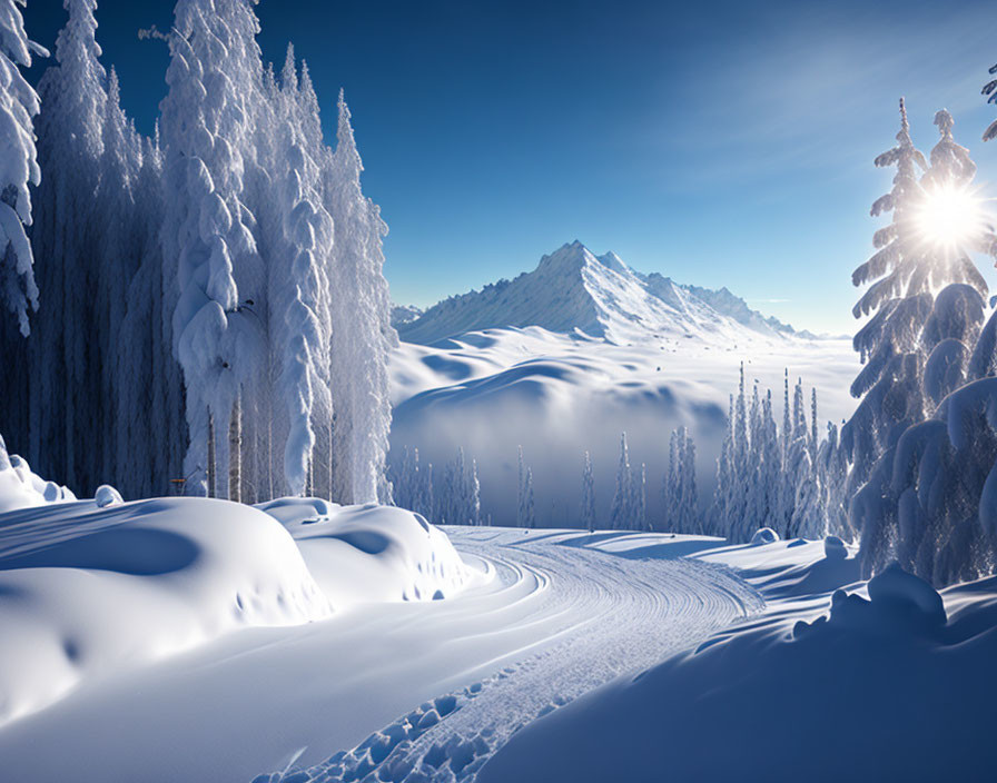 Snow-covered trees and mountain in clear winter landscape