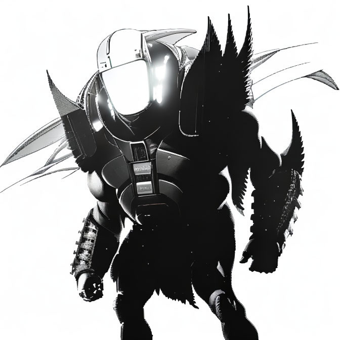 Monochrome futuristic armored figure with helmet and wings illustration