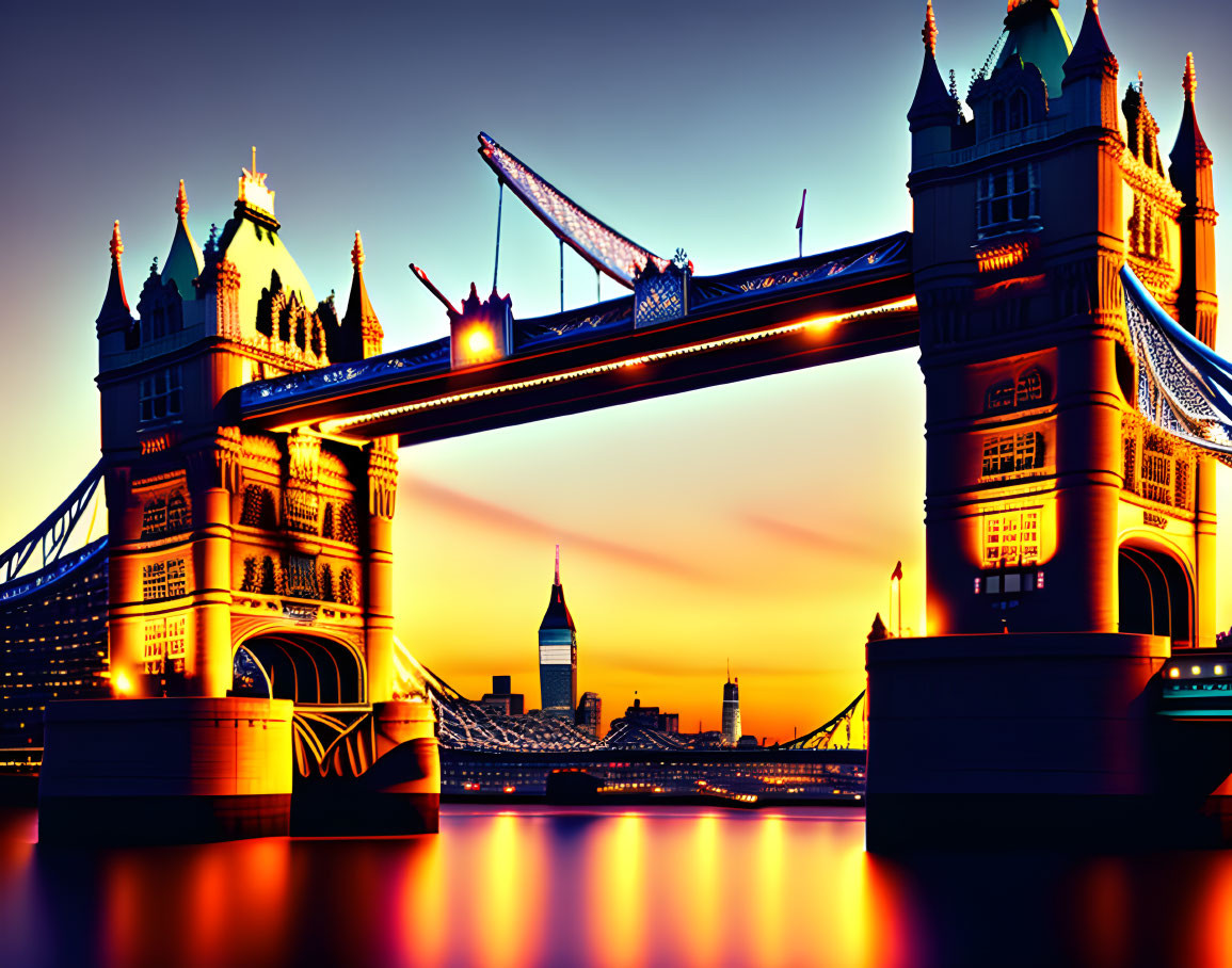 Iconic Tower Bridge in London at sunset with vibrant sky and river reflection.