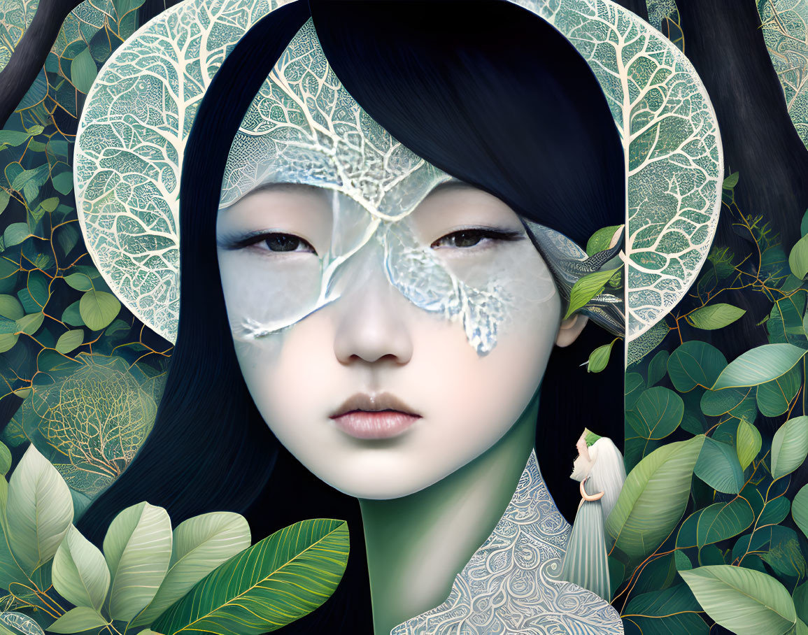 Illustration of woman with leaf-patterned elements in serene nature theme