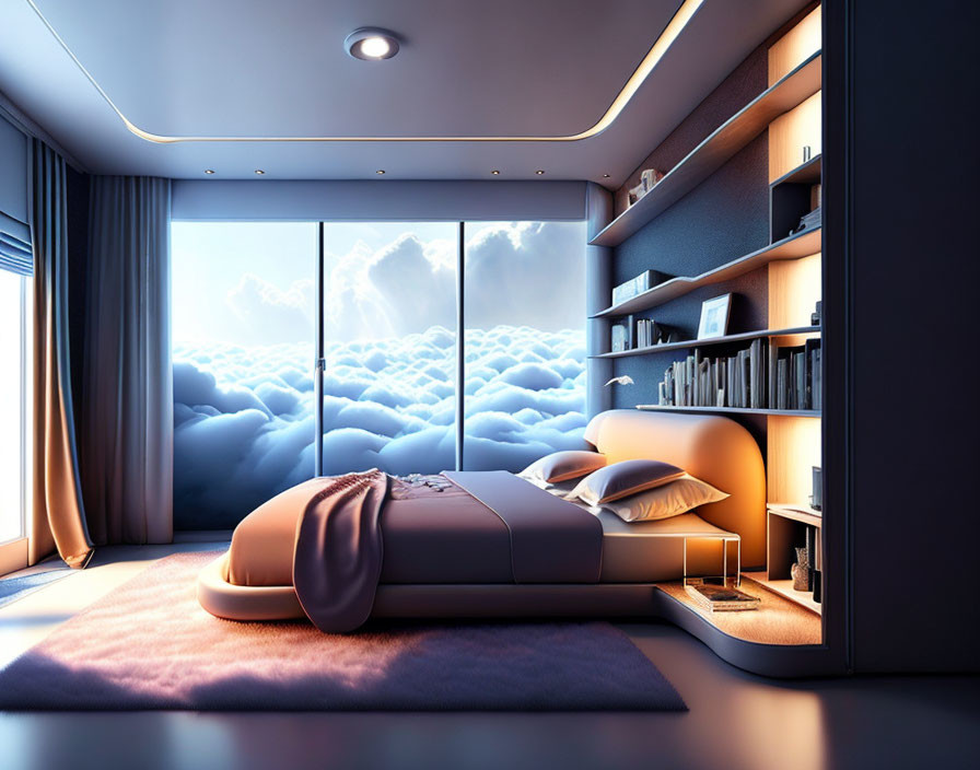 Modern Bedroom with Large Window and Cloud View