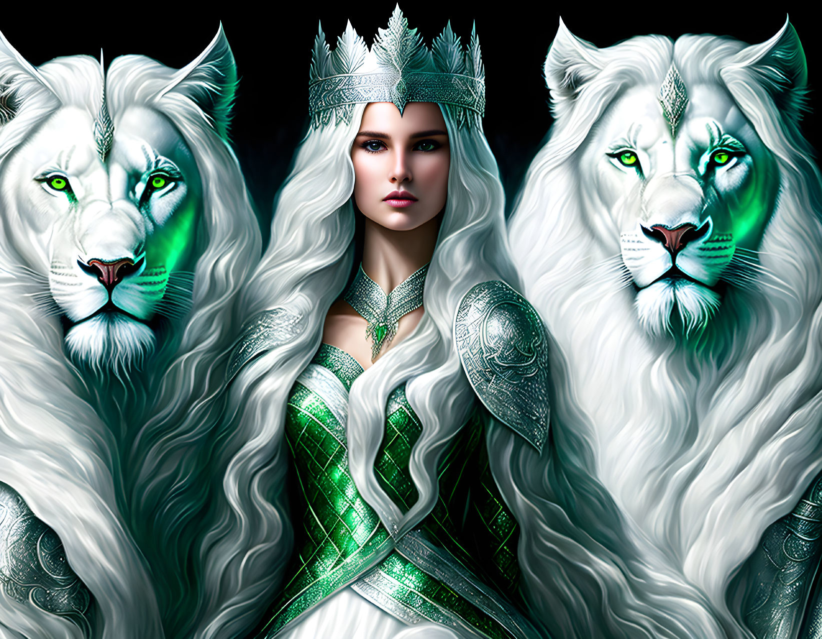 Regal woman in silver crown and armor with two white lions.