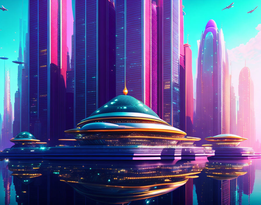 Vibrant neon-colored futuristic cityscape with flying vehicles