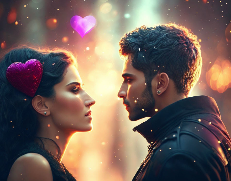 Intense gazes and glowing hearts in romantic image