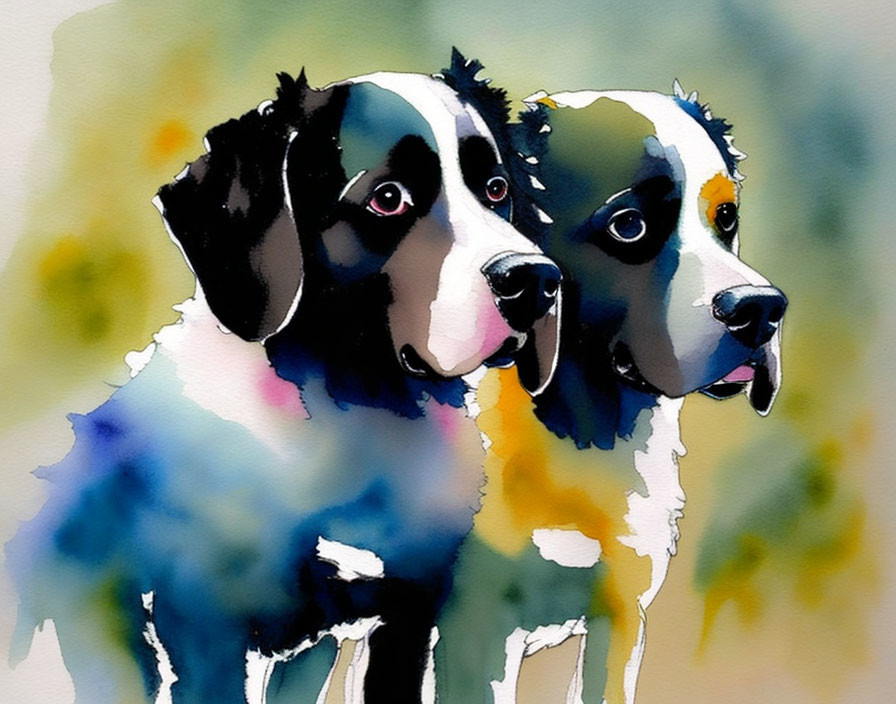 Vibrant watercolor painting of two Bernese Mountain dogs