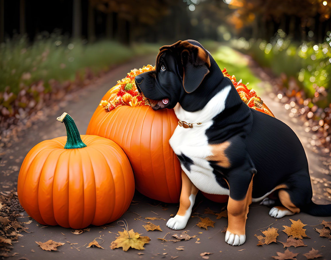 Black and Brown Dog with Floppy Ear Next to Pumpkins in Forest Scene