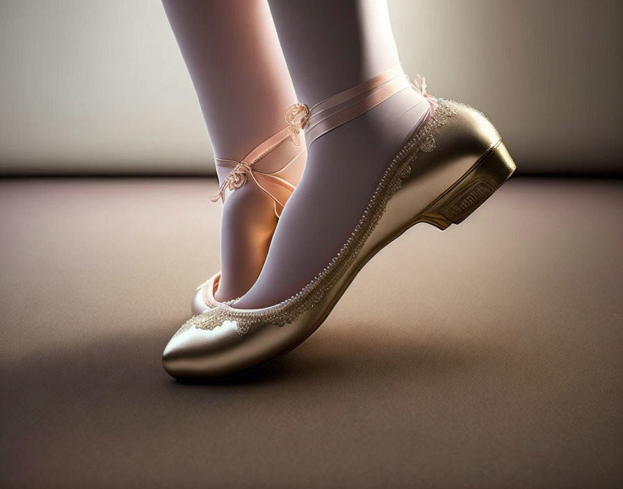 Cream-colored tap shoe with bow in close-up view