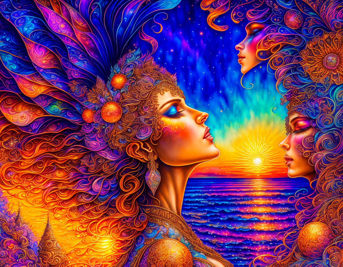 Colorful Psychedelic Art: Three Women with Ornate Hair, Celestial & Oceanic Background