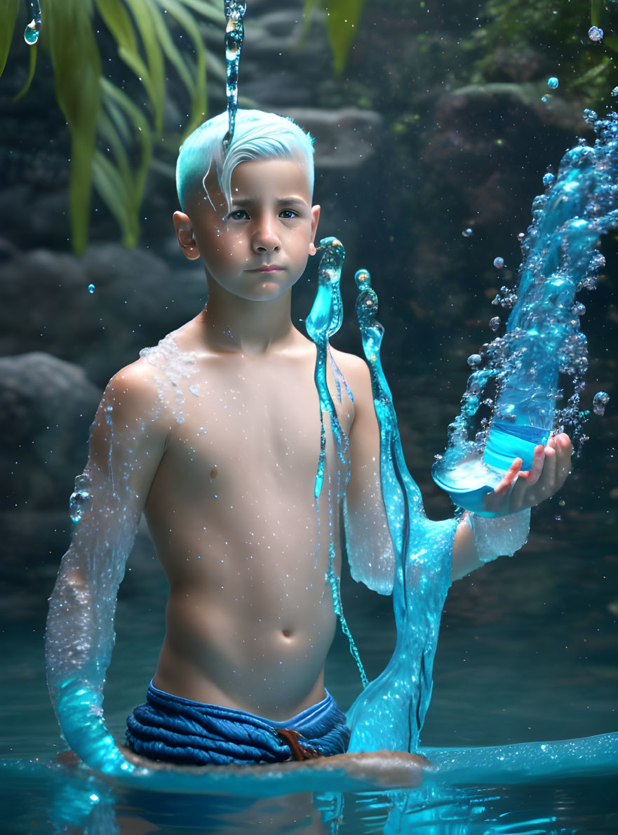 Blue-haired boy submerged in water with dynamic splash and serene expression.