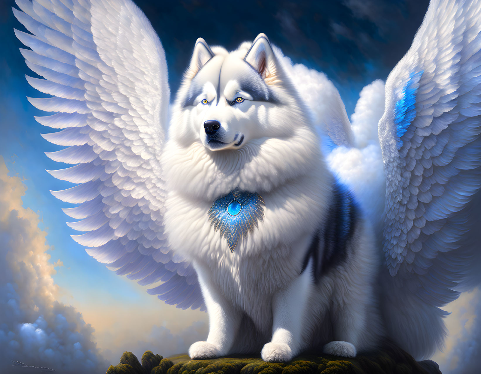 A very detailed fluffy angel husky dog 