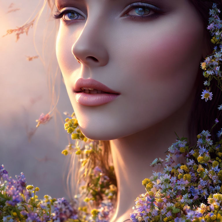 Woman's face with soft makeup and pastel flowers for a dreamy look