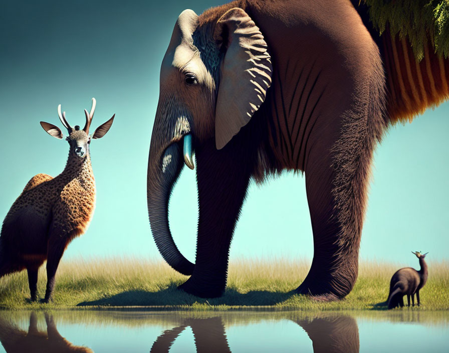 Surreal image of elephant with upside-down landscape, deer, and small animal