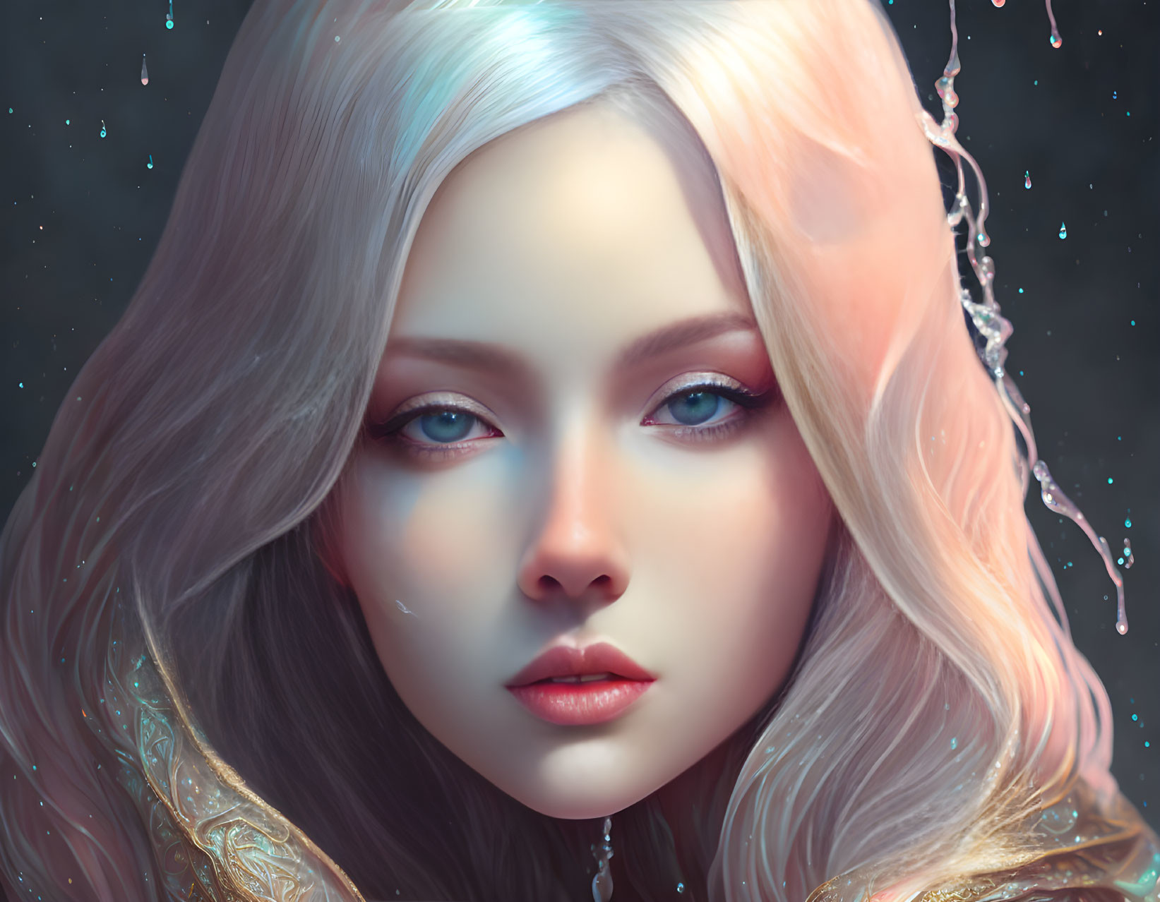 Fantasy digital portrait of a luminous woman with pale skin and icy blonde hair