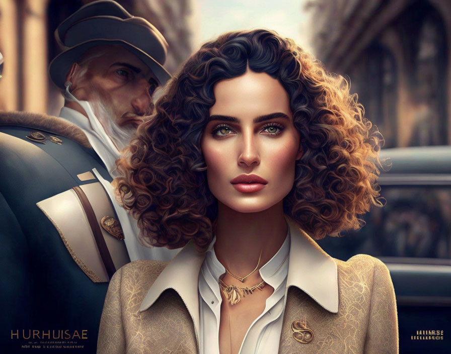 Digital illustration: Woman with curly hair and green eyes in vintage attire with blurred male figure in uniform