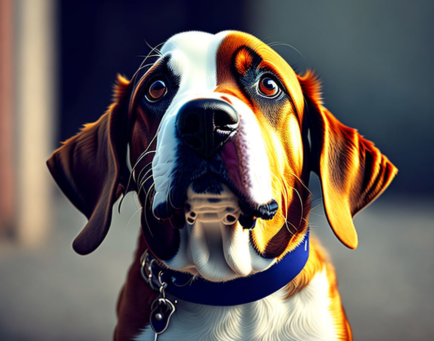 Brown and White Dog with Blue Collar and Floppy Ears Portrait