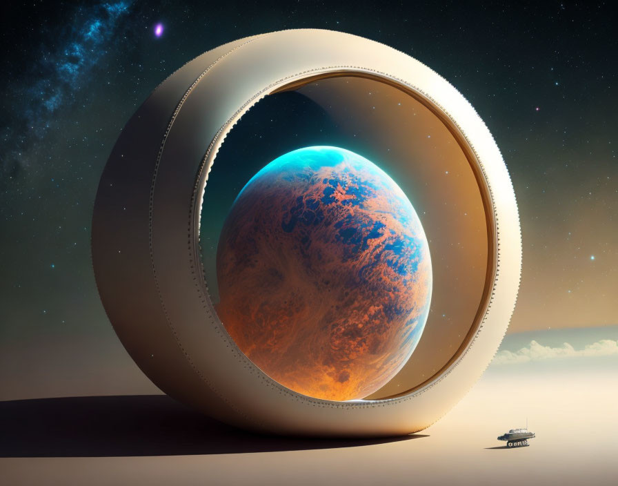 Large Ring Structure Orbiting Colorful Planet with Spaceship in Surreal Image