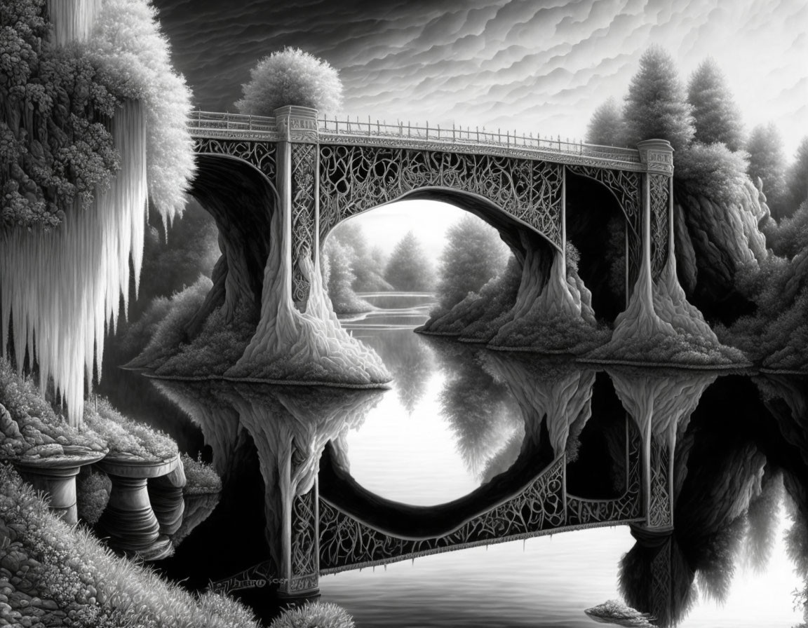 Detailed Black and White Drawing of Ornate Bridge Over River