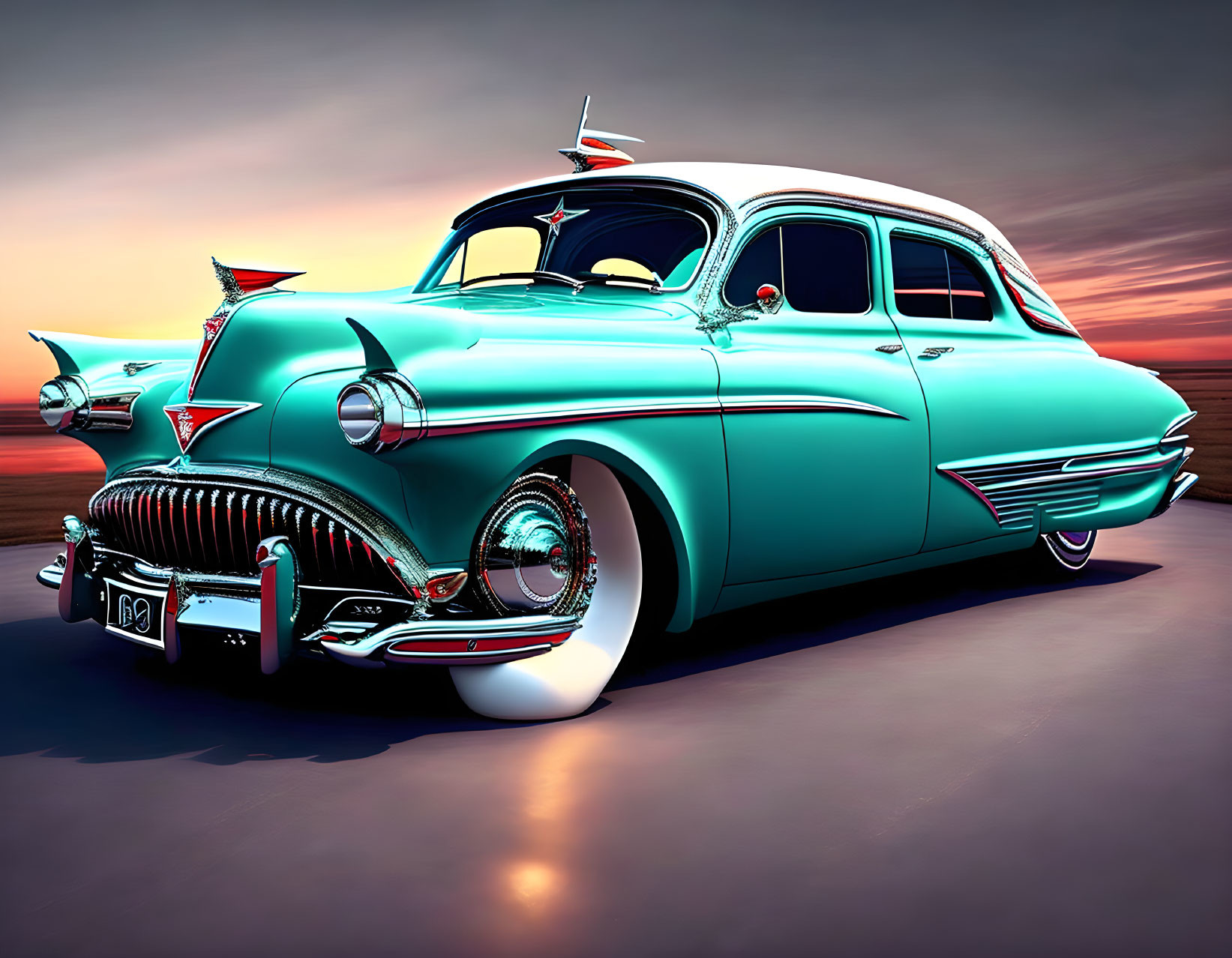 Vintage Turquoise Car with Chrome Grille and Tailfins Against Sunset Sky