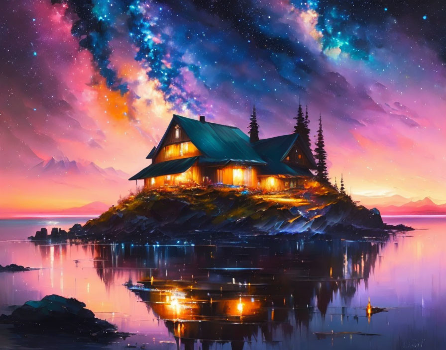 Vibrant painting of cozy cabin on islet under starry galaxy sky