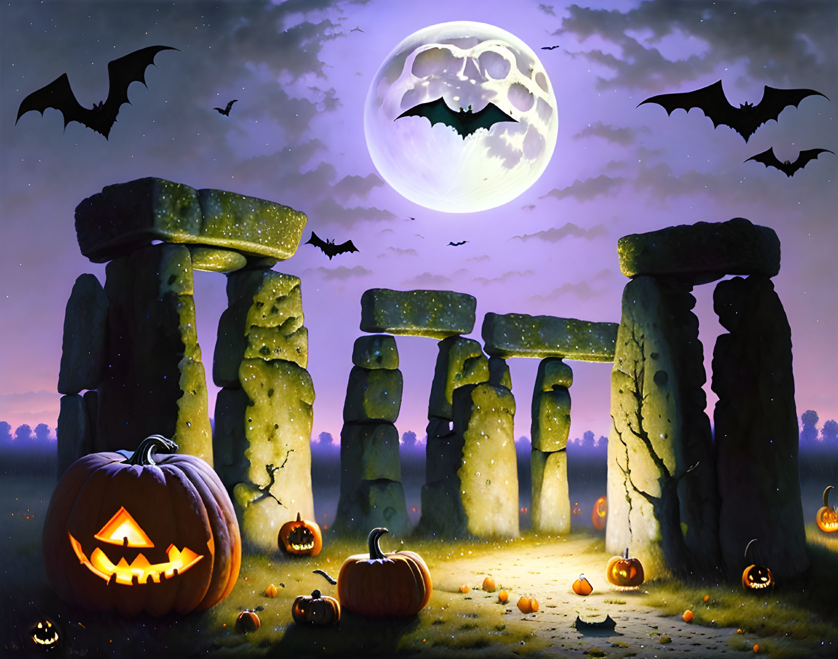 Halloween-themed illustration featuring Stonehenge, jack-o'-lanterns, bats, and full