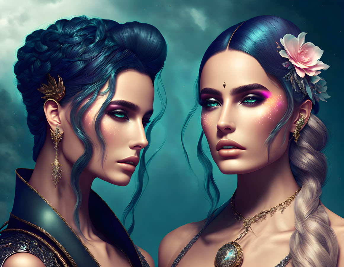 Two Women with Elaborate Hairstyles and Fantasy Makeup in Mystical Setting