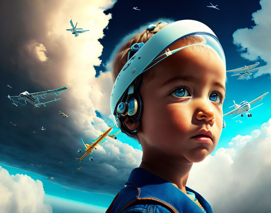 Child in pilot headset under vibrant sky with flying airplanes