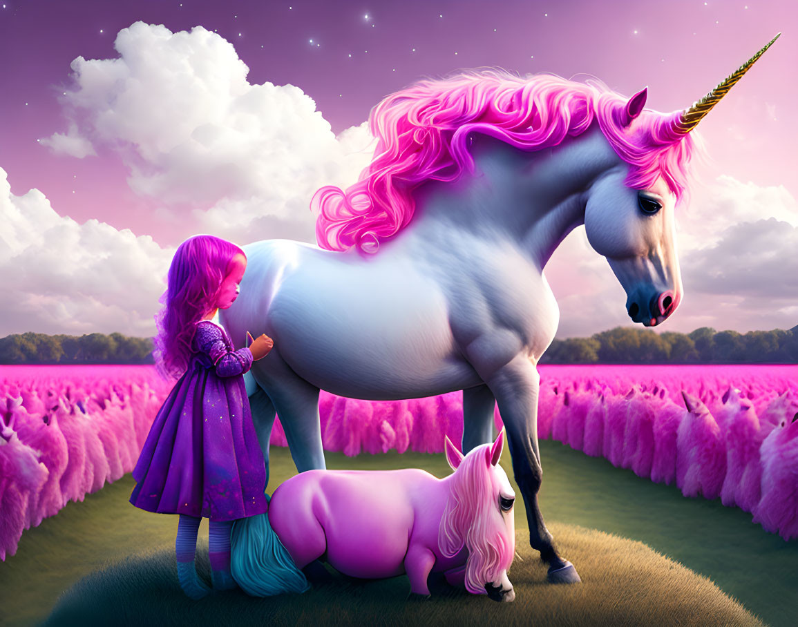 Colorful-haired girl with majestic unicorn in purple meadow