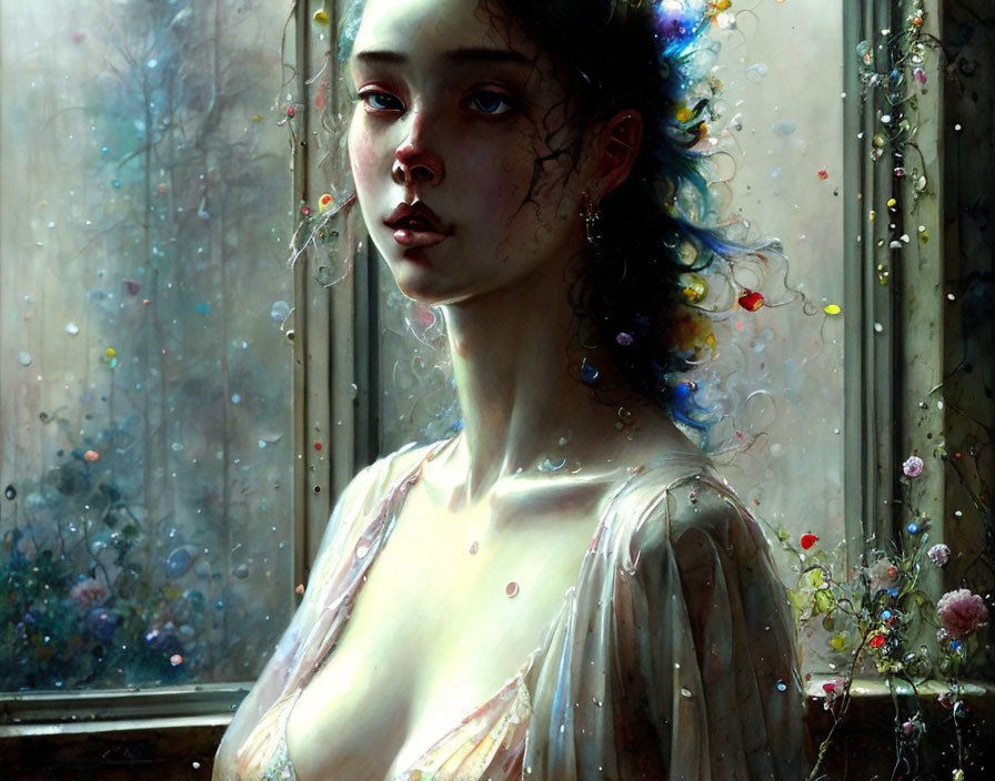 Reflective woman in translucent garment by rain-streaked window with colorful flowers