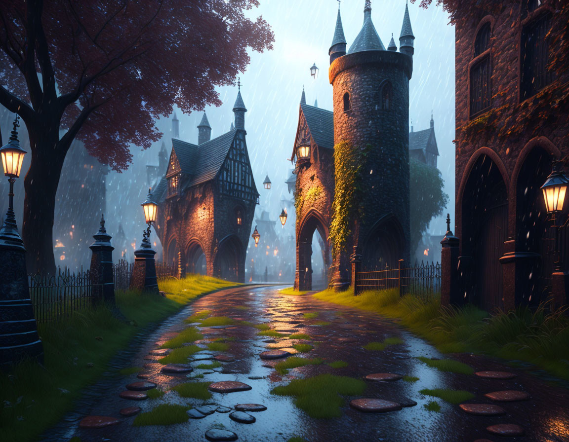 Rain-soaked path to majestic castle in mystical twilight