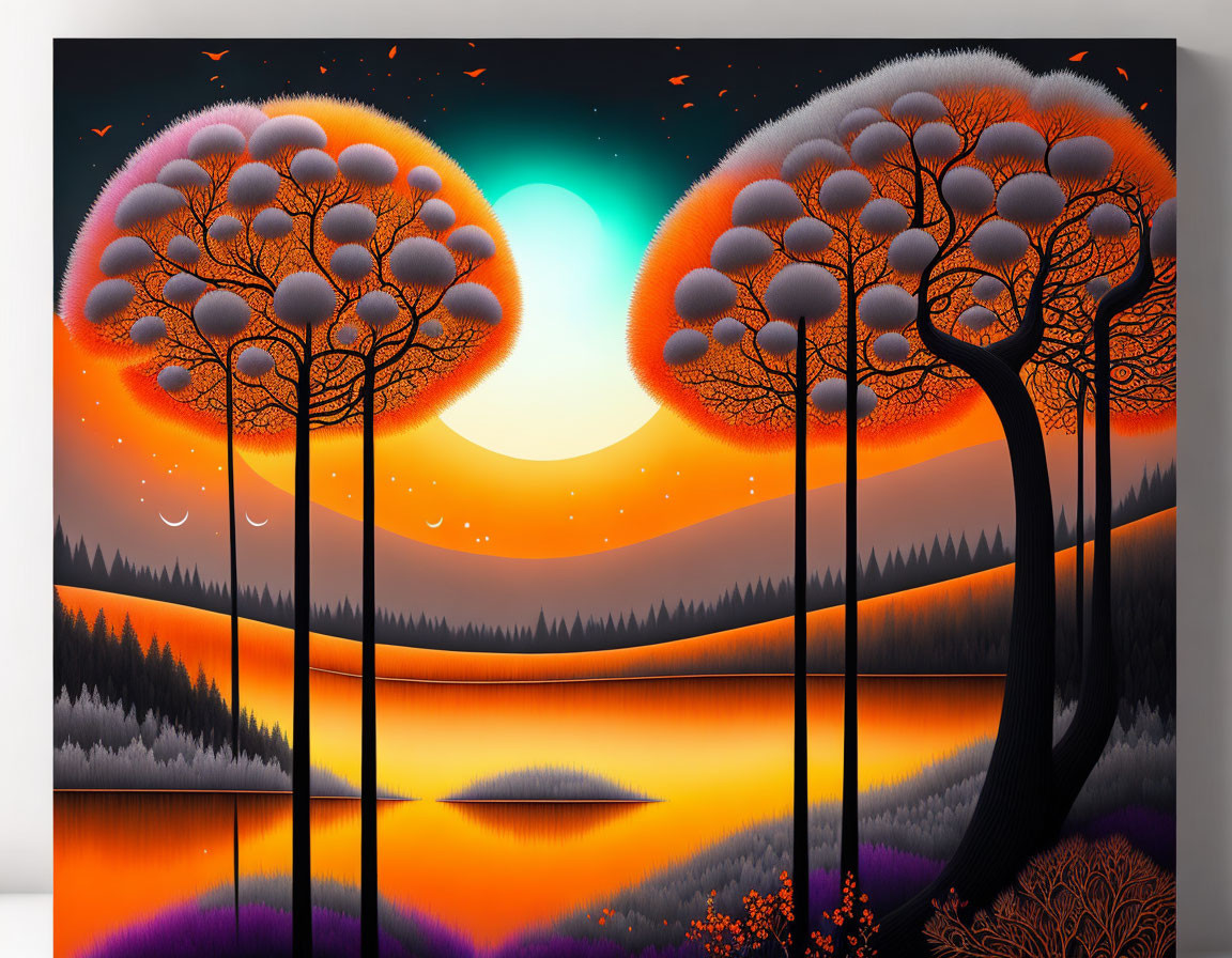 Colorful sunset landscape with stylized trees and lake in vibrant hues