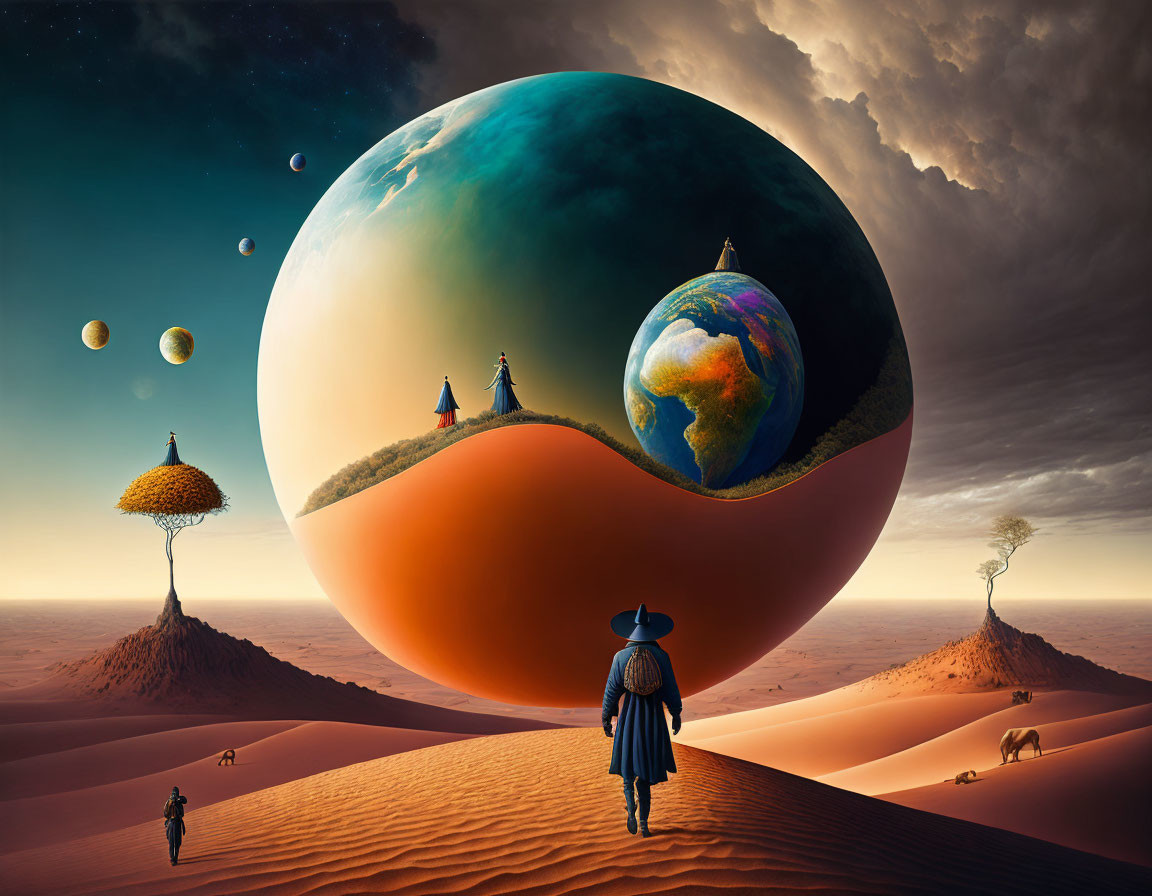 Person observing surreal landscape with giant planets, tree, dog, horse on sand dunes.