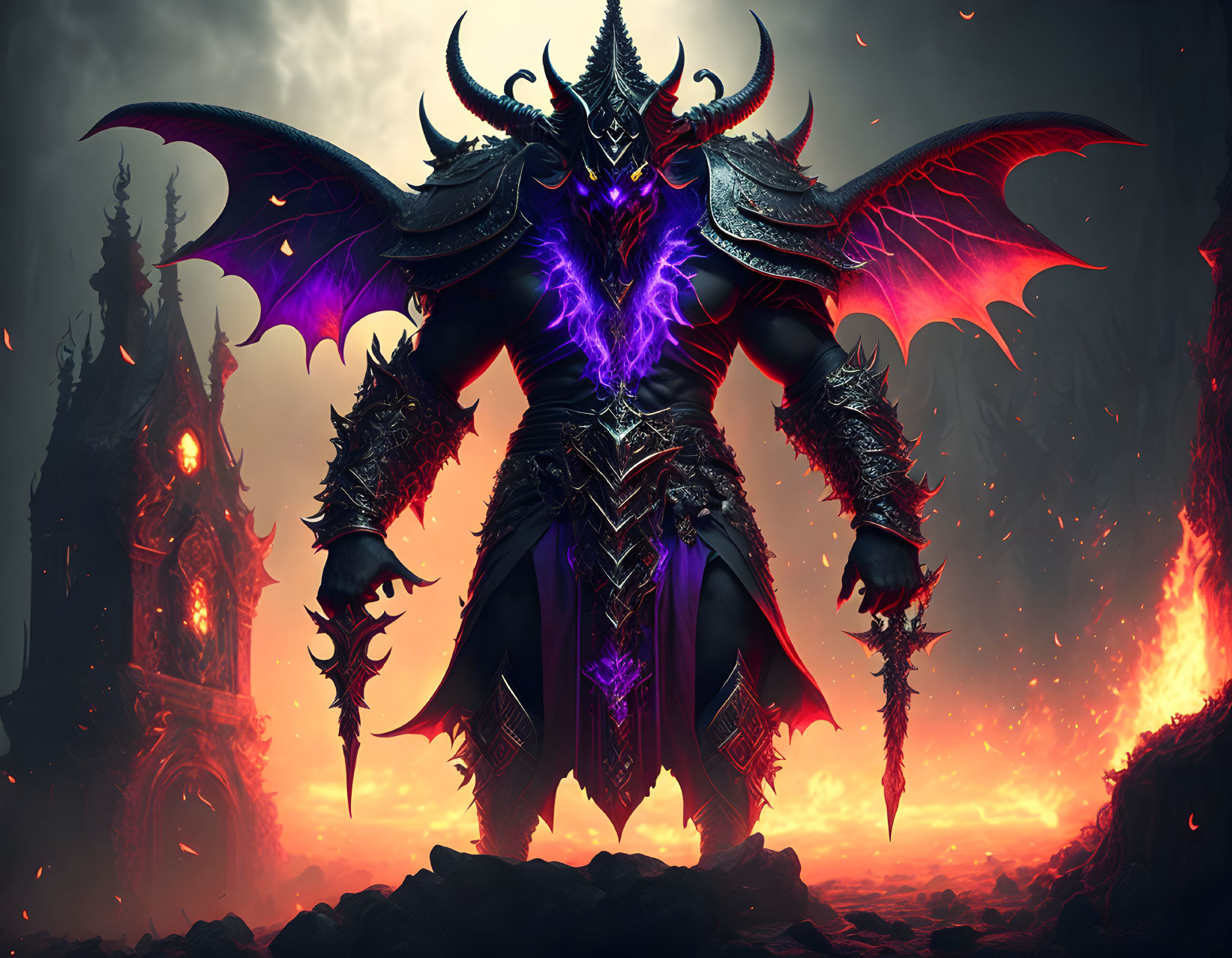 Armored winged figure in volcanic landscape with purple lightning