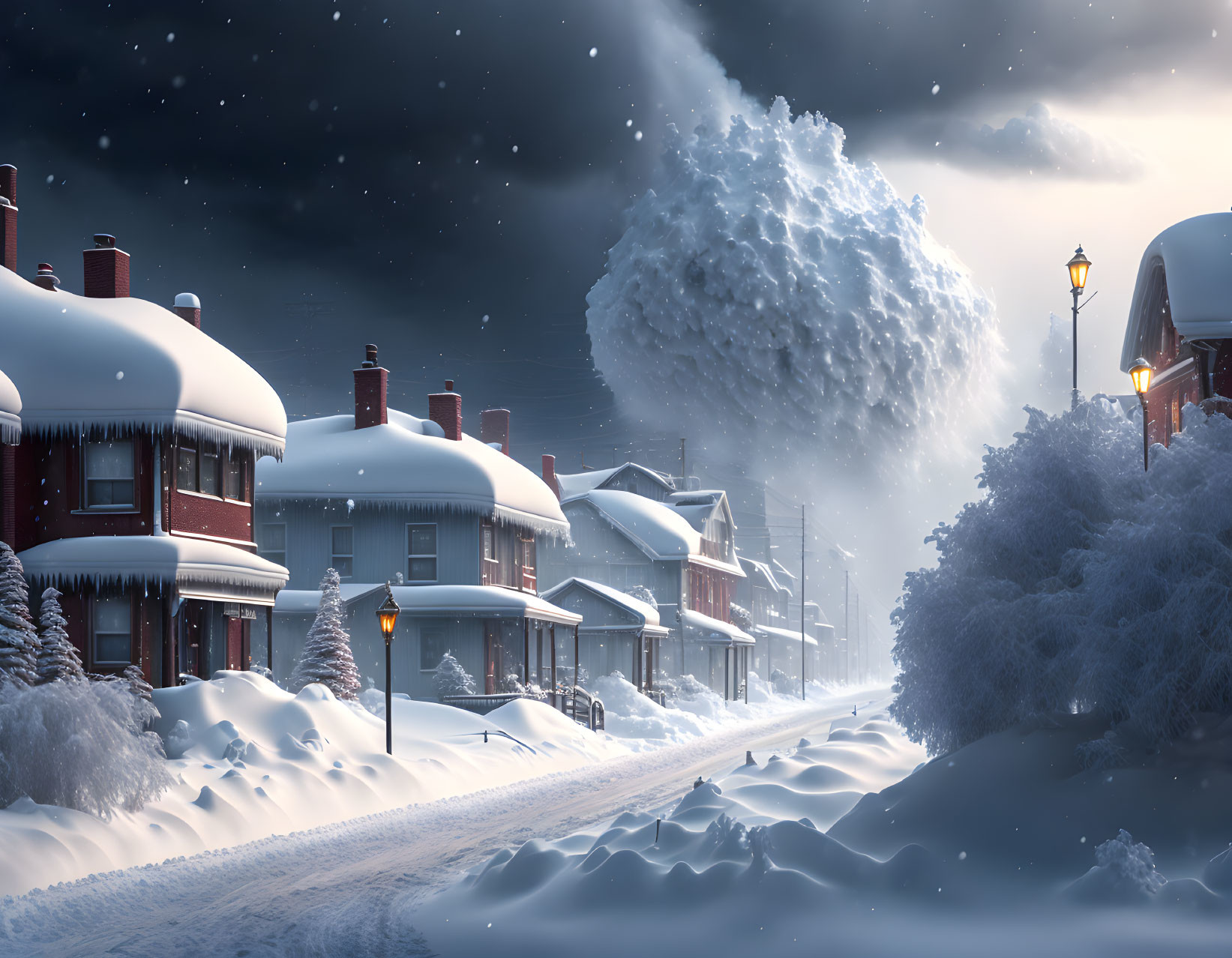 Snow-covered Street at Night with Snow-Capped Houses and Glowing Lamps