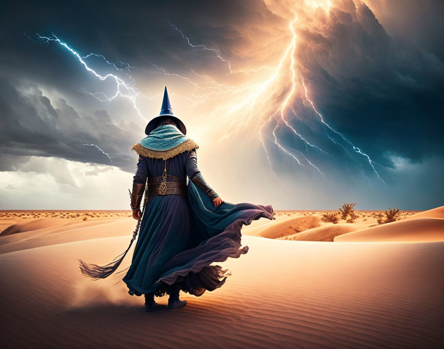 Cloaked figure in desert under stormy sky with lightning.