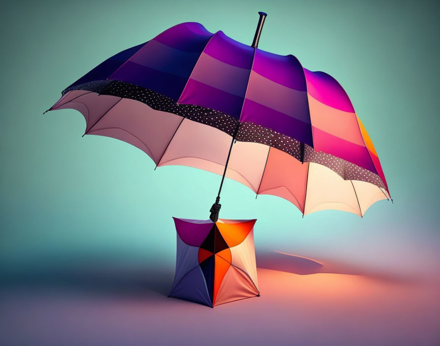 Colorful Open Umbrella and Miniature Version on Teal Background