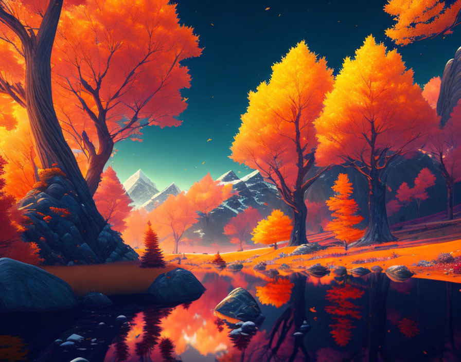 Vivid Orange Trees in Autumnal Fantasy Landscape